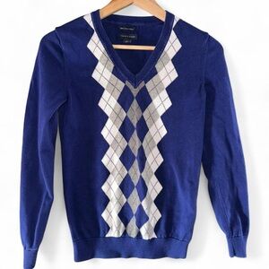 😍Tommy Hilfiger Blue and Gray Argyle V-Neck Sweater